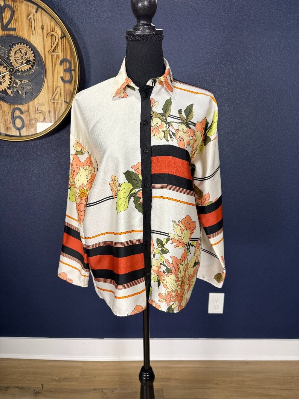 Zara Basic Ivory Floral Stripe Print Button Down Shirt | XS
